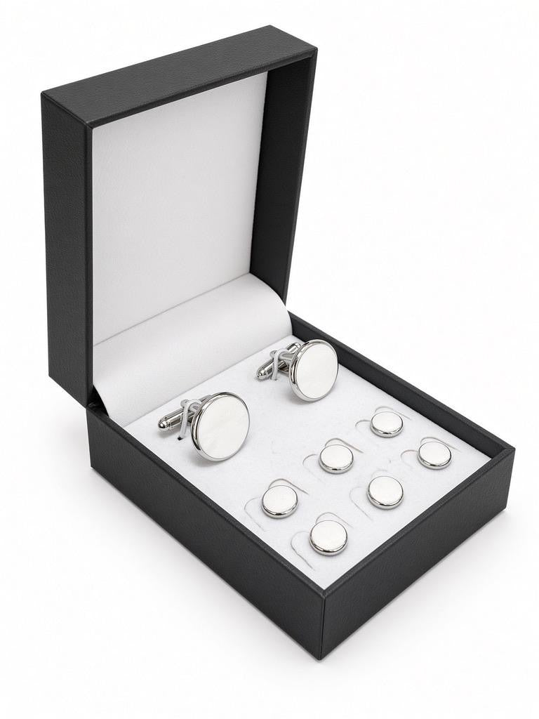Polished Silver-Tone Cufflink & Stud Set with six matching shirt studs in a black presentation box