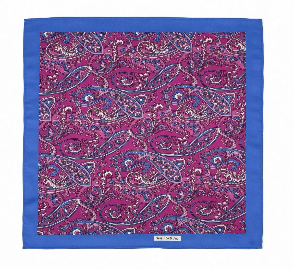 Magenta Paisley with Blue Border Pocket Square — full pattern