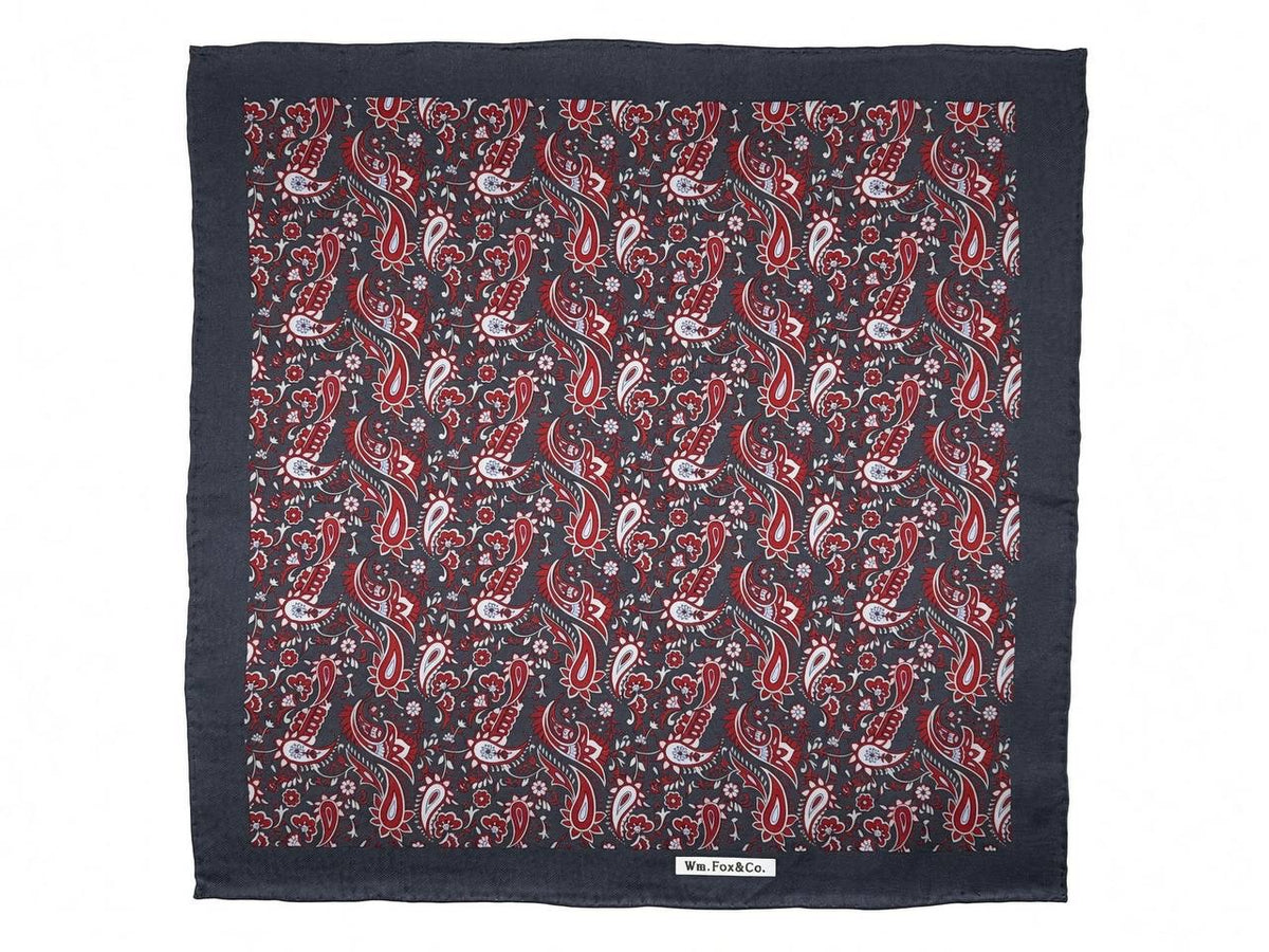 Black & Ruby Botanical Paisley Pocket Square — full pattern