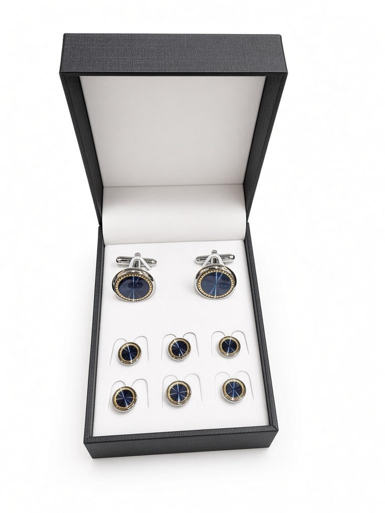 Navy radial cufflinks and six matching shirt studs in a black presentation box