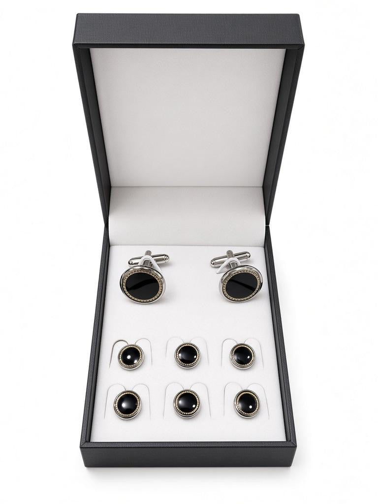 Black Round Cufflink & Stud Set with six matching shirt studs in a black presentation box