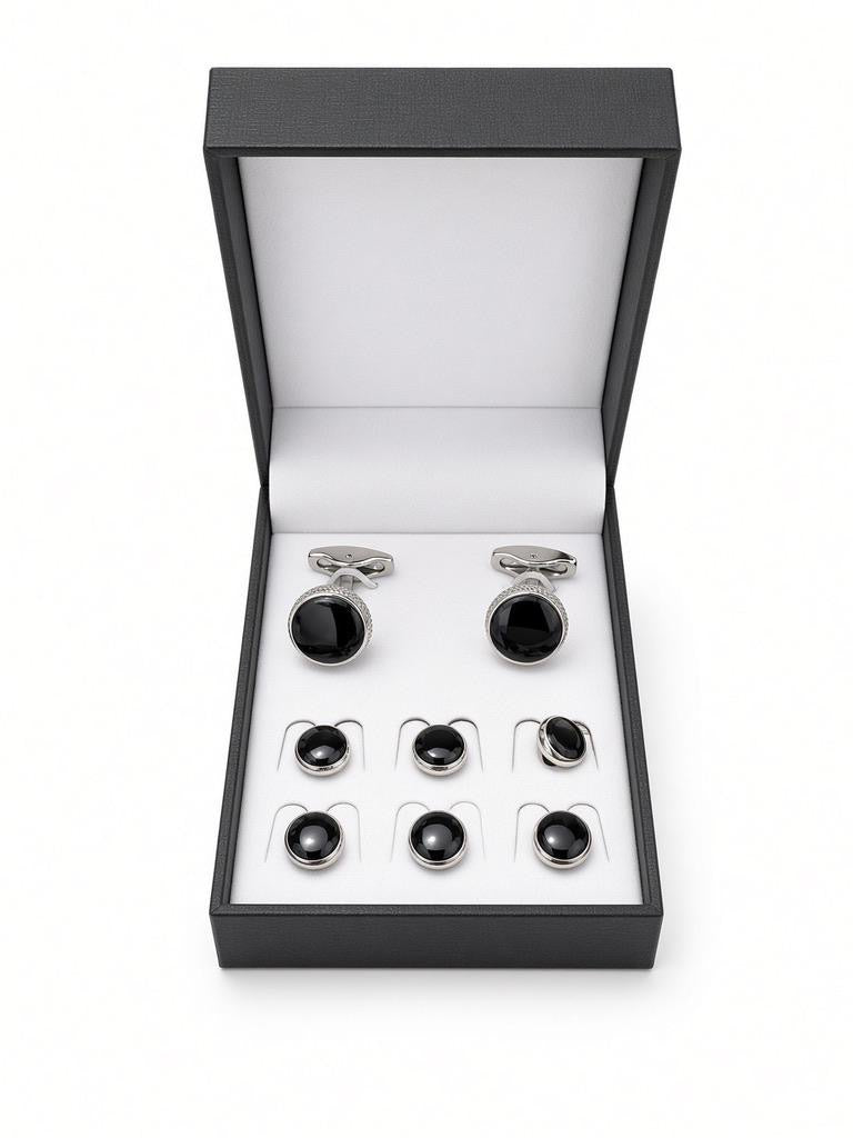 Black Faceted Cufflink & Stud Set with six matching shirt studs in a black presentation box