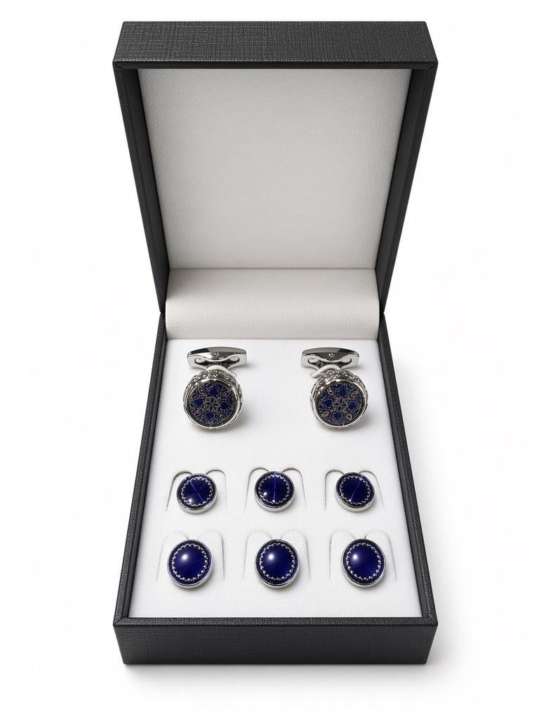 Navy Filigree Cufflink & Stud Set with six matching shirt studs in a black presentation box