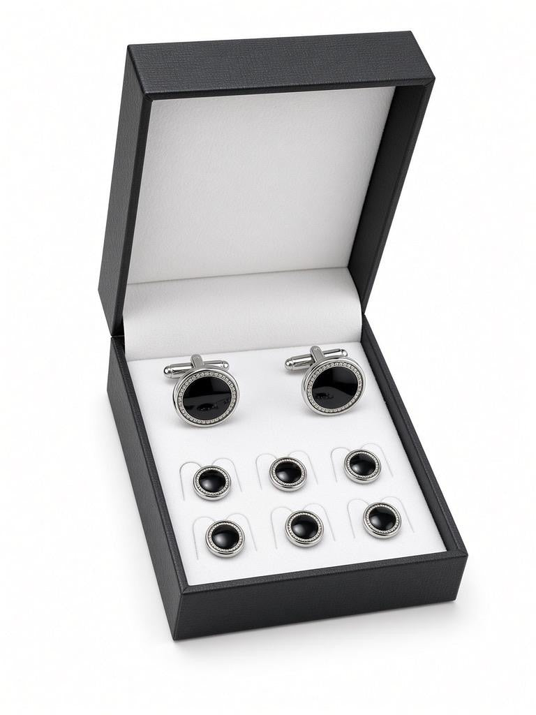 Black Bezel Cufflink & Stud Set with six matching shirt studs in a black presentation box
