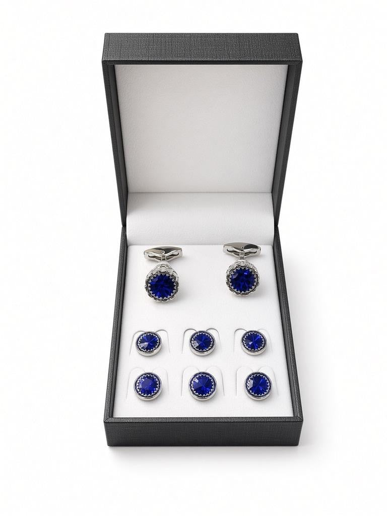 Royal Blue Faceted Cufflink & Stud Set with six matching shirt studs in a black presentation box