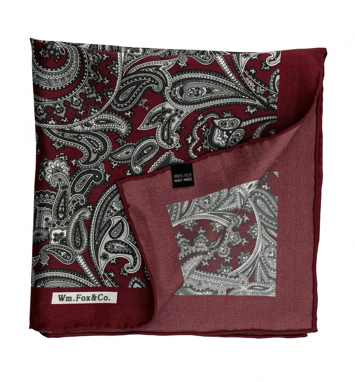 Burgundy & Silver Paisley Pocket Square — folded detail