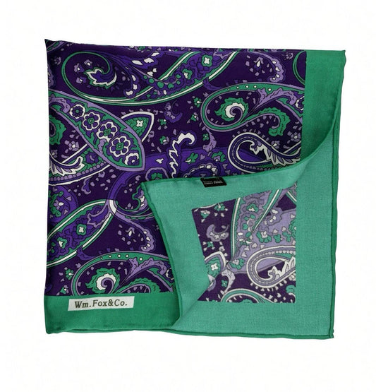 Purple Paisley with Emerald Border Pocket Square — folded detail