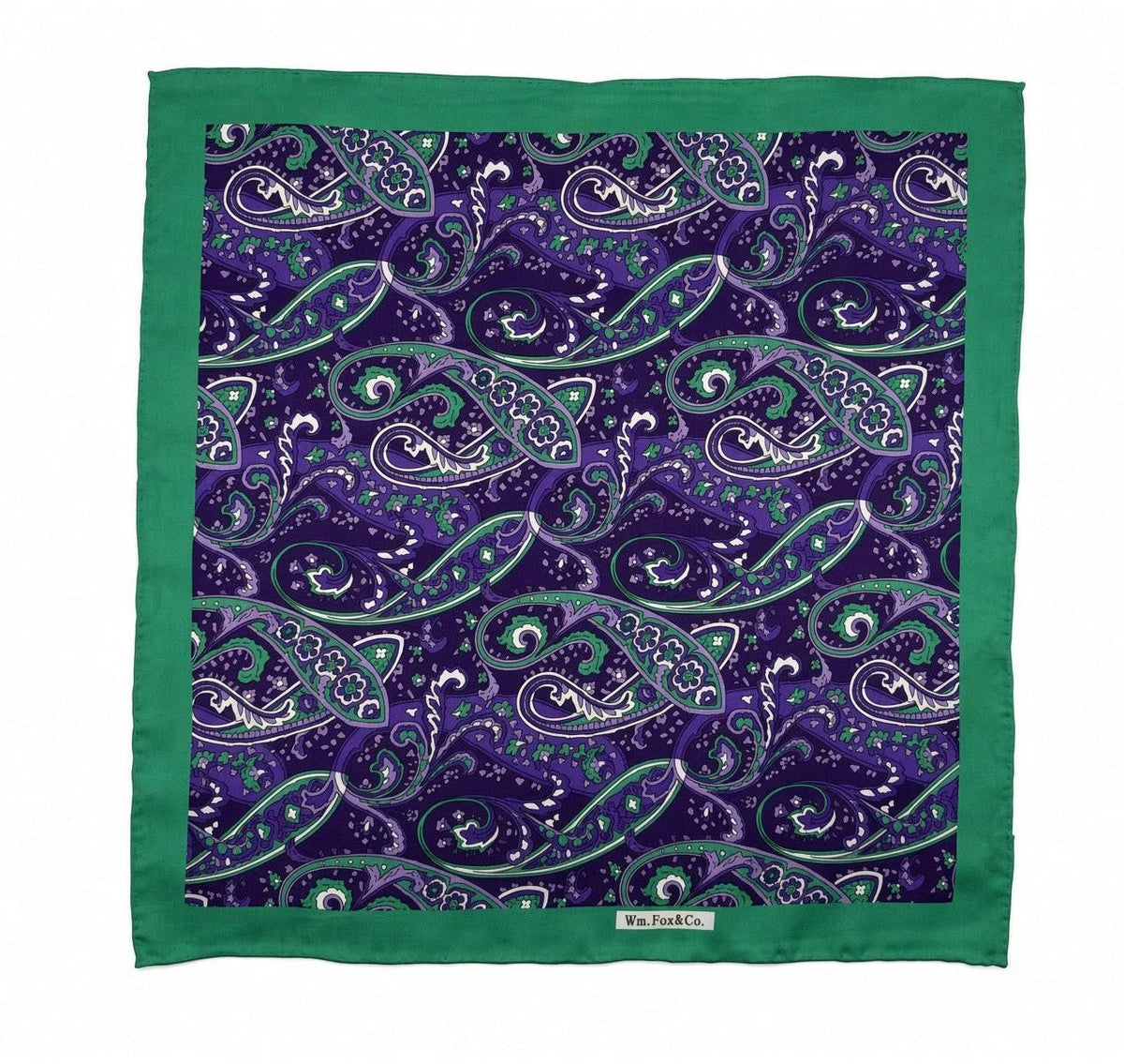 Purple Paisley with Emerald Border Pocket Square — full pattern