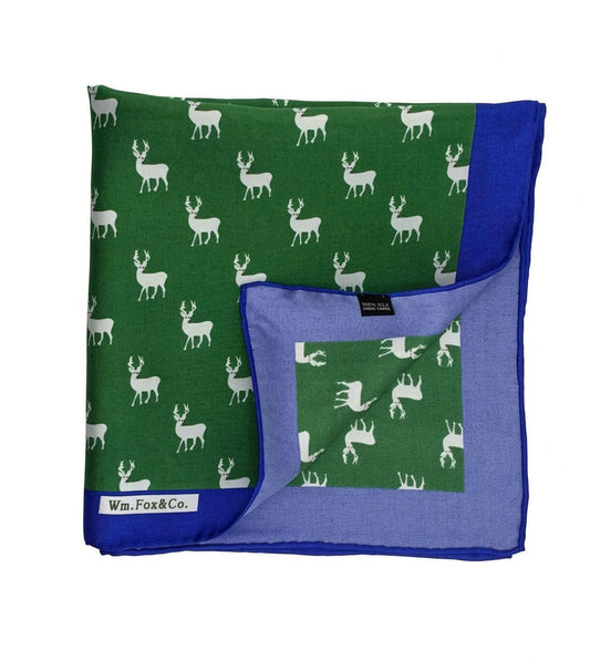 Green Stag Motif Pocket Square — folded detail