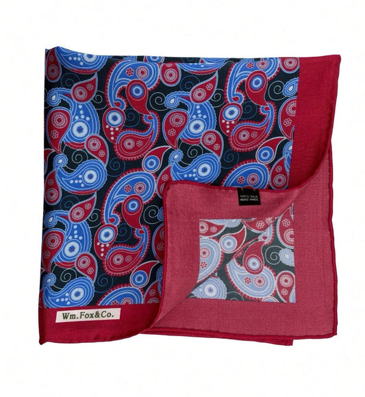 Red & Blue Paisley Pocket Square — folded detail
