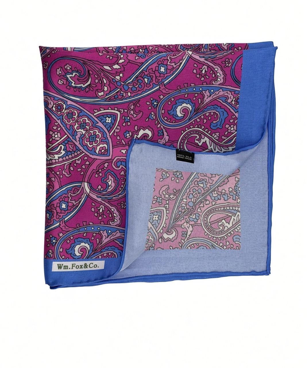 Magenta Paisley with Blue Border Pocket Square — folded detail