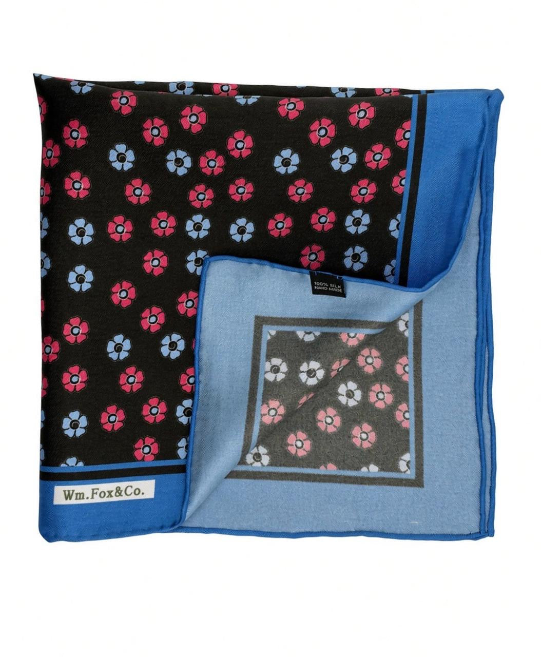 Black Floral with Blue Border Pocket Square — folded detail