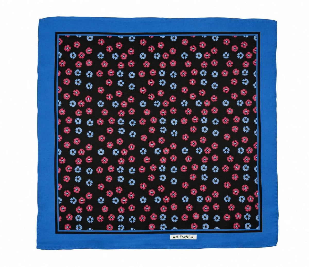 Black Floral with Blue Border Pocket Square — full pattern