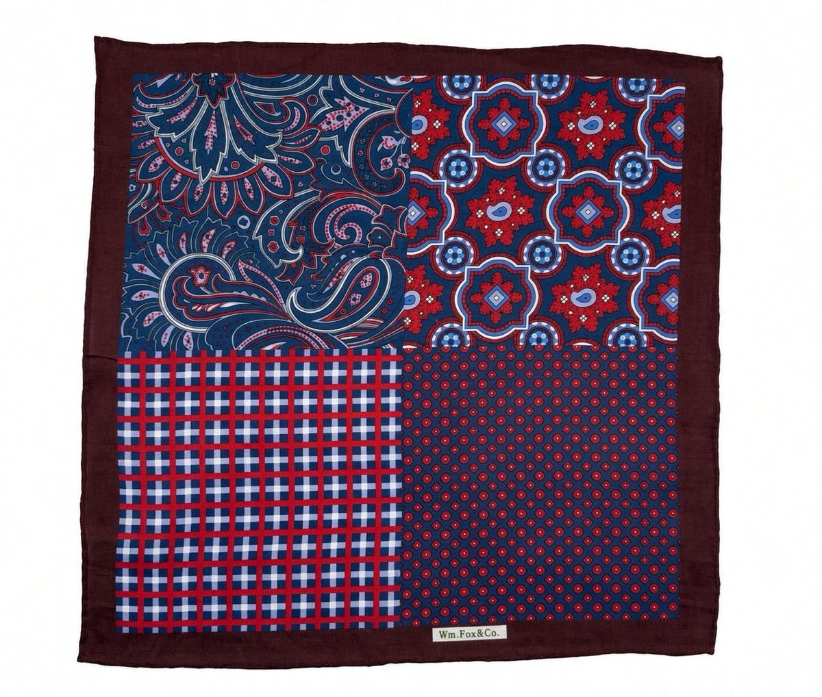 Burgundy & Navy Four-Pattern Pocket Square — full pattern
