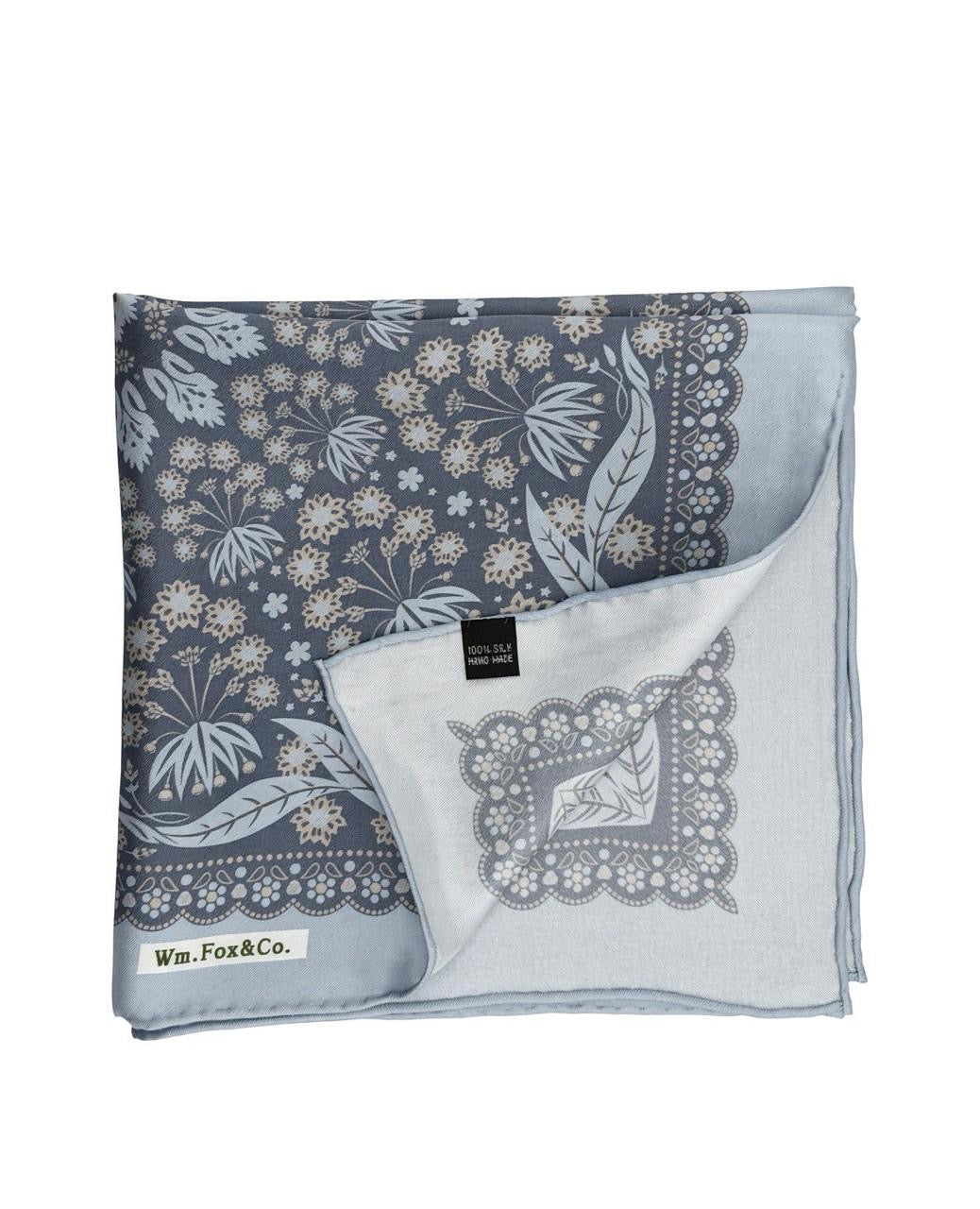 Silver-Gray Ornamental Floral Pocket Square — folded detail