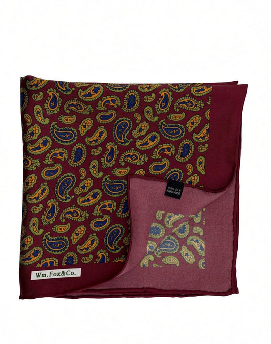 Burgundy & Gold Paisley Pocket Square — folded detail