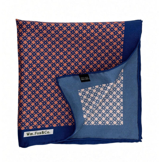 Peach & Navy Lattice Pocket Square — folded detail