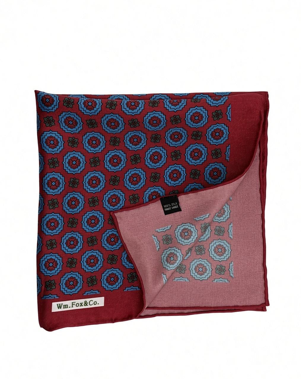 Burgundy & Blue Rosette Pocket Square — folded detail