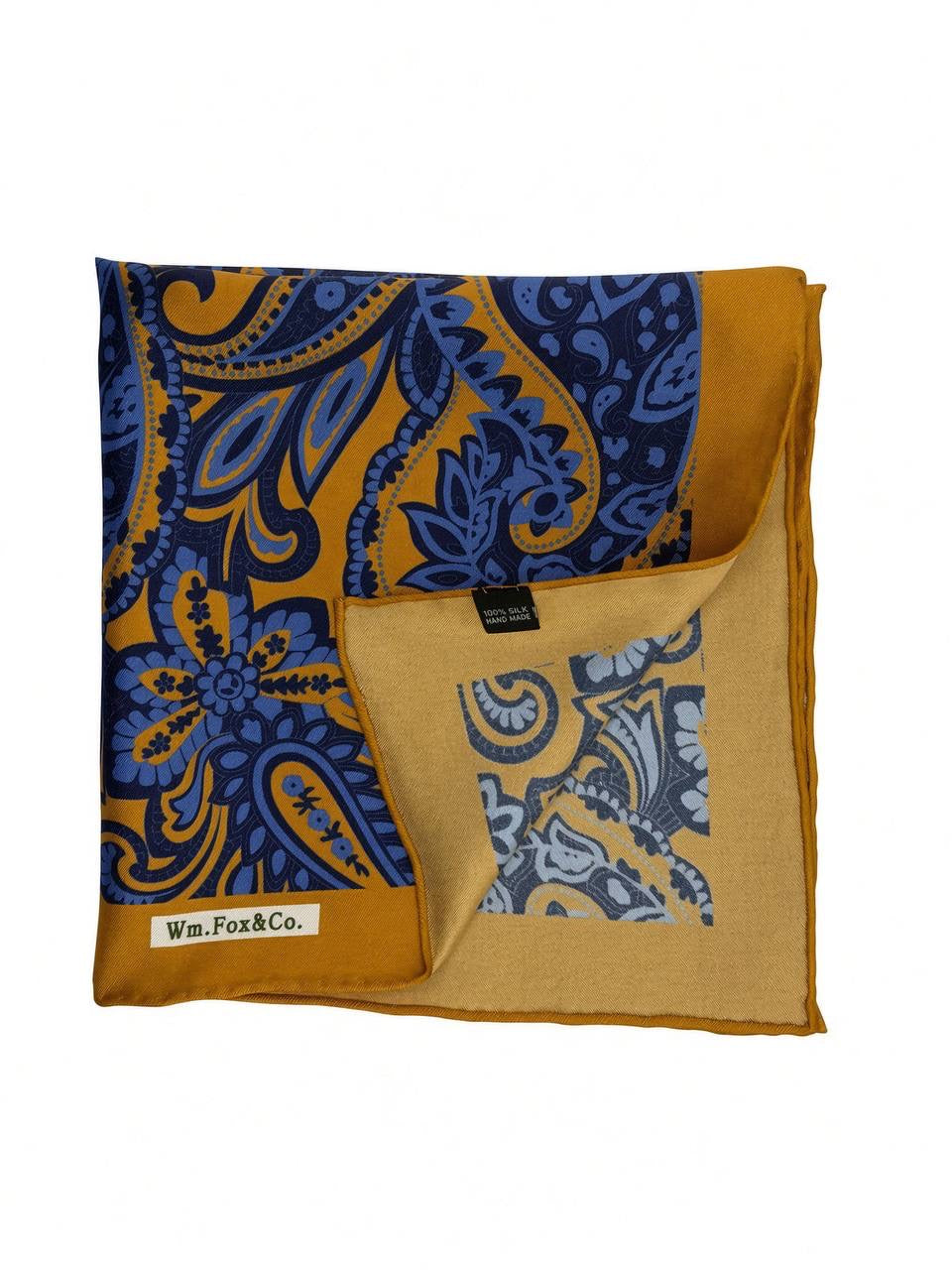 Gold Border Blue Paisley Pocket Square — folded detail