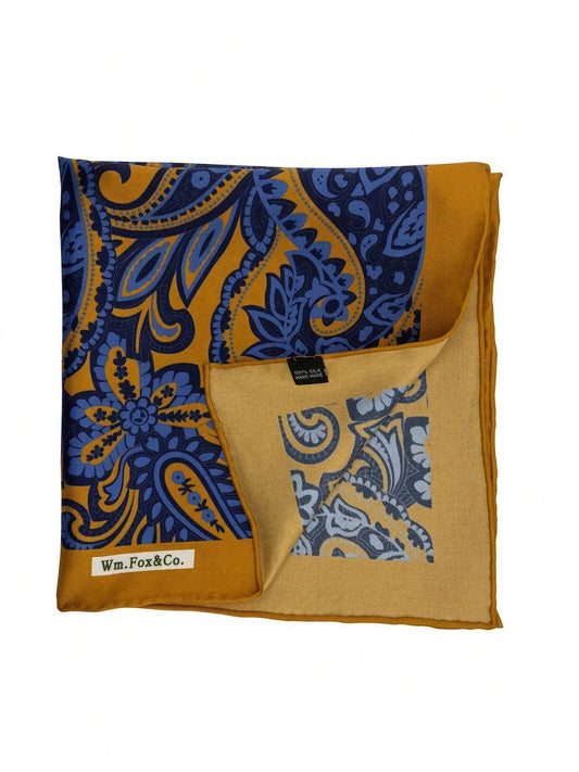 Gold Border Blue Paisley Pocket Square — folded detail