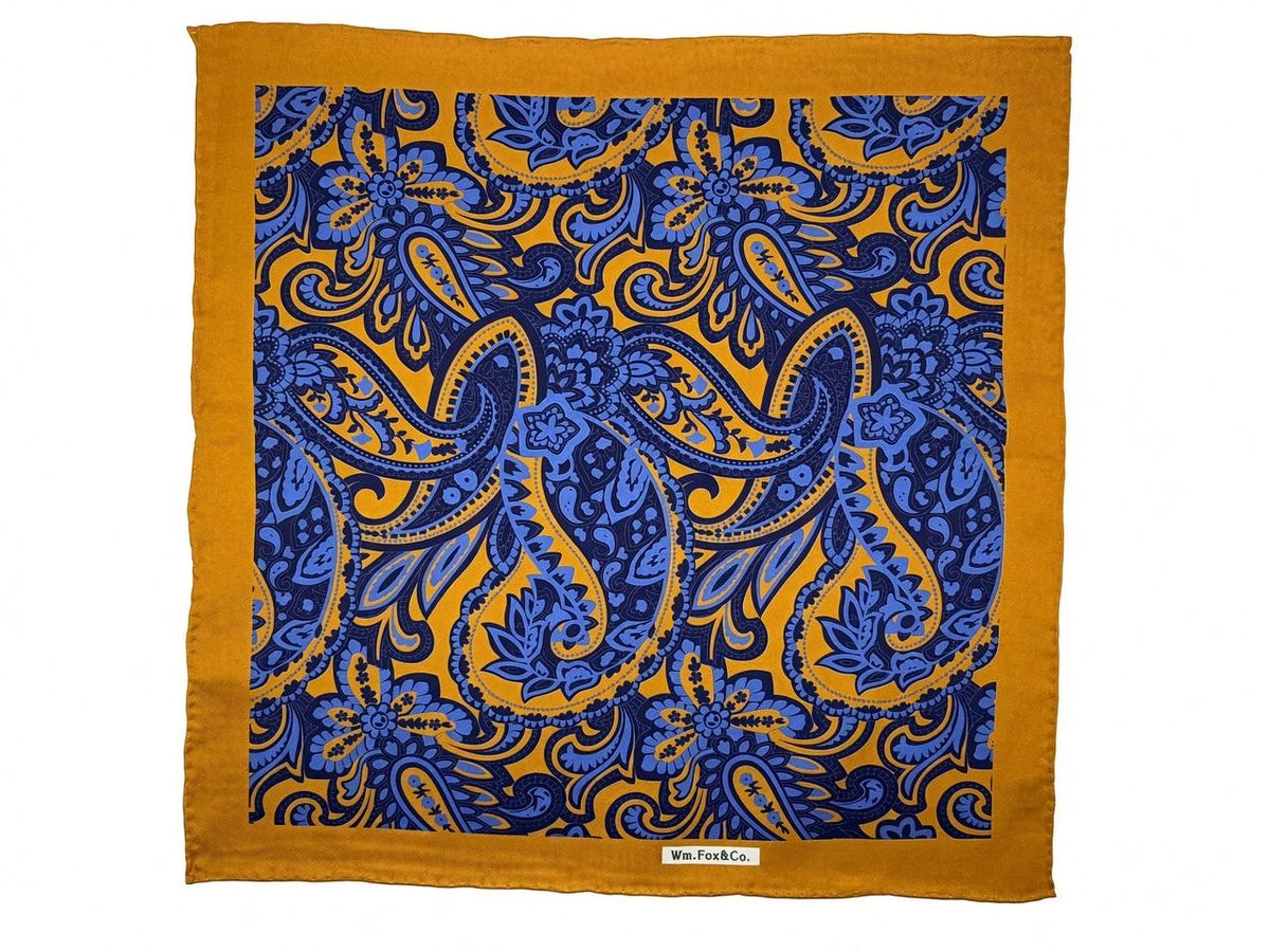 Gold Border Blue Paisley Pocket Square — full pattern