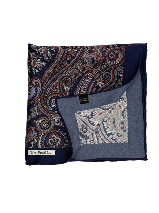 Navy Border Antique Paisley Pocket Square — folded detail