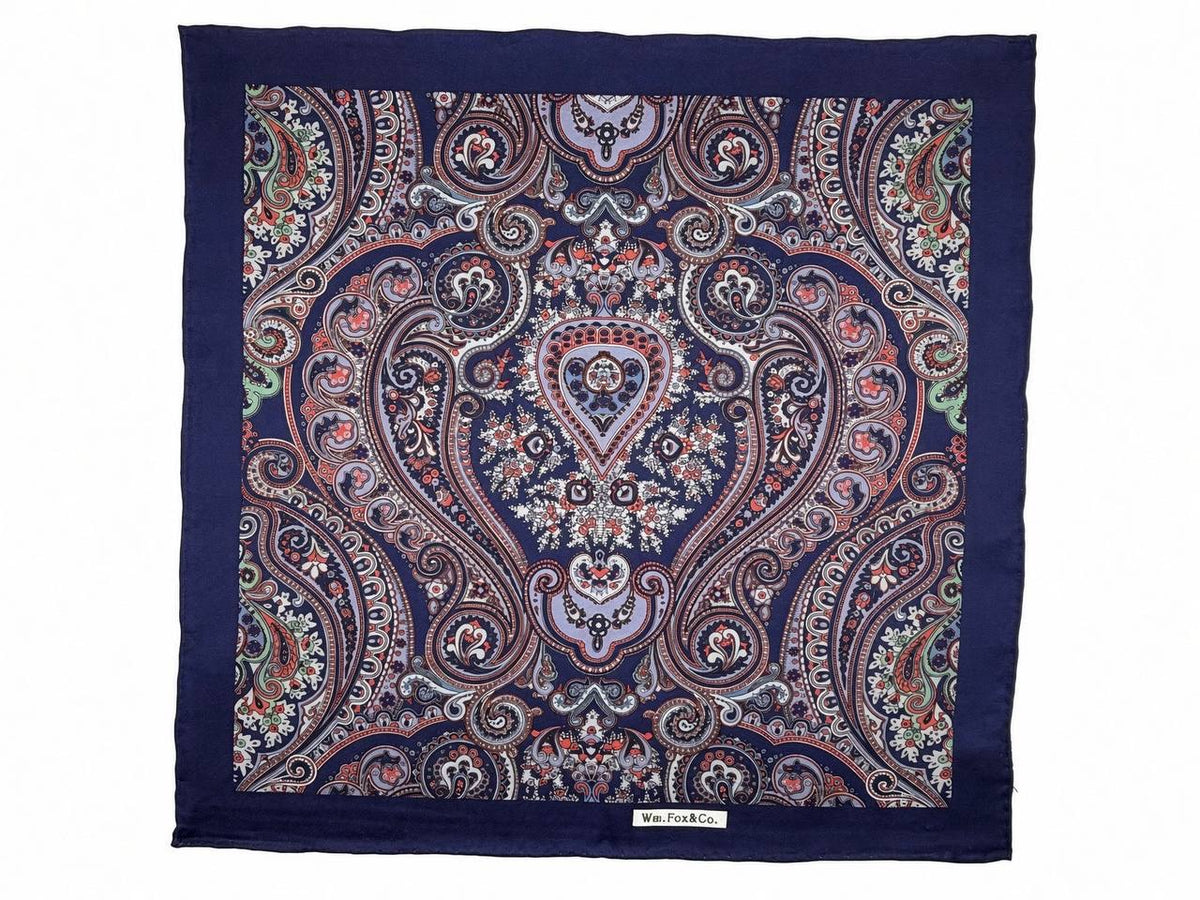 Navy Border Antique Paisley Pocket Square — full pattern