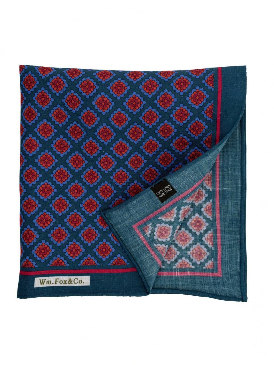 Teal & Red Diamond Lattice Pocket Square — folded detail