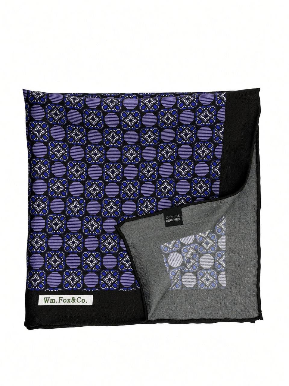 Black Border Violet Medallion Pocket Square — folded detail