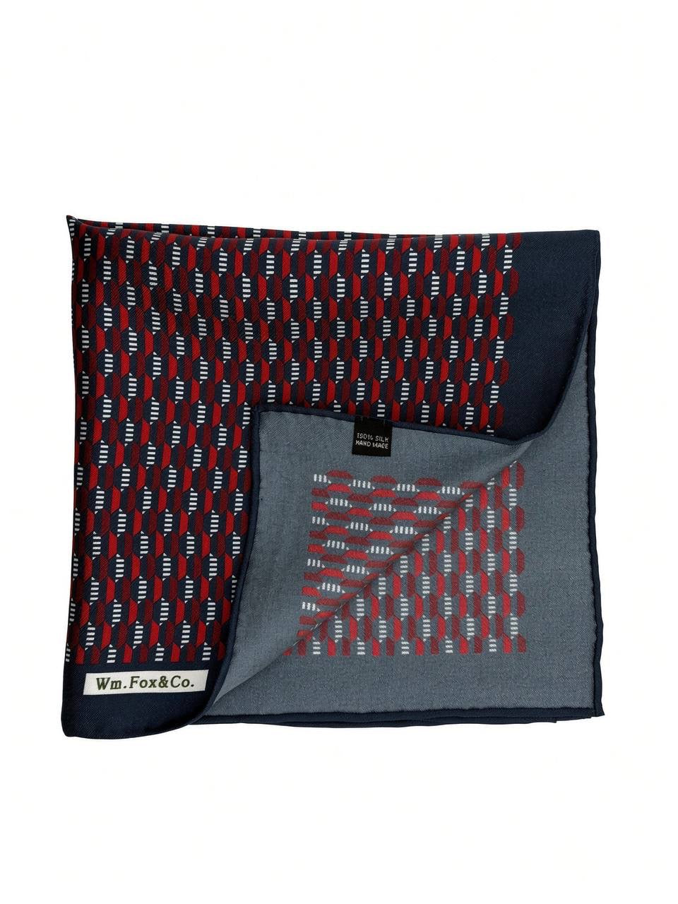 Navy & Red Elongated Geometric Pocket Square — folded detail