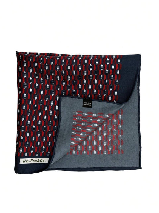 Navy & Red Elongated Geometric Pocket Square — folded detail