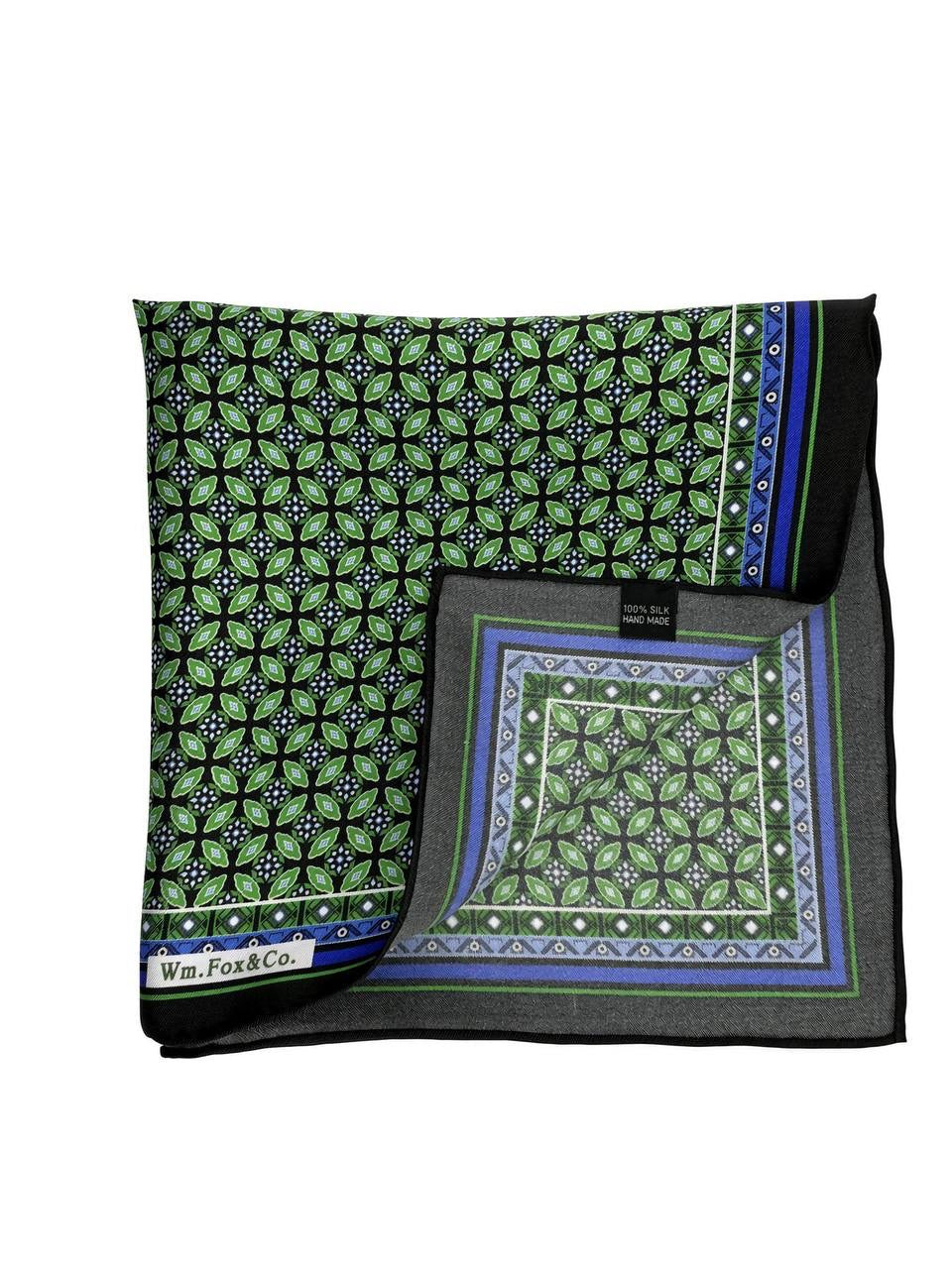 Green Medallion with Blue Border Pocket Square — folded detail