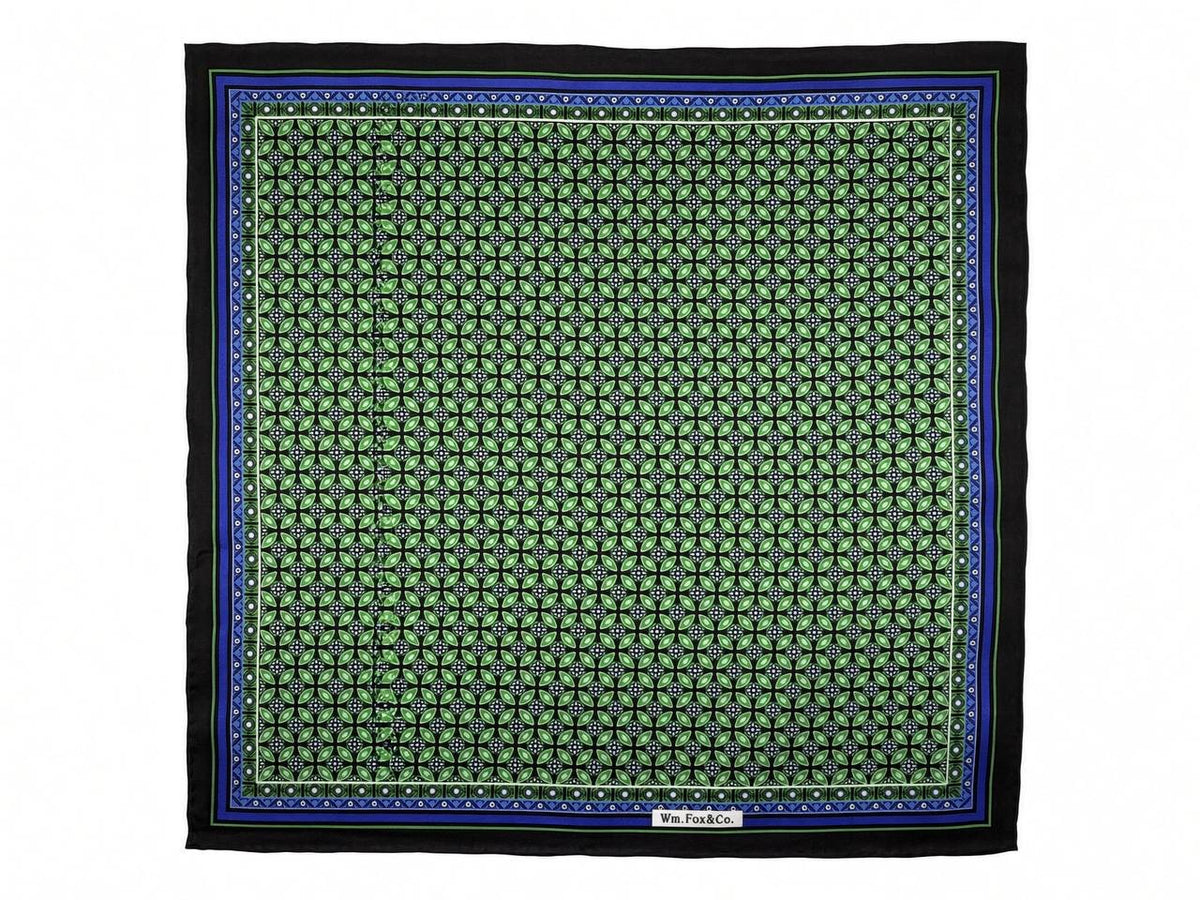 Green Medallion with Blue Border Pocket Square — full pattern