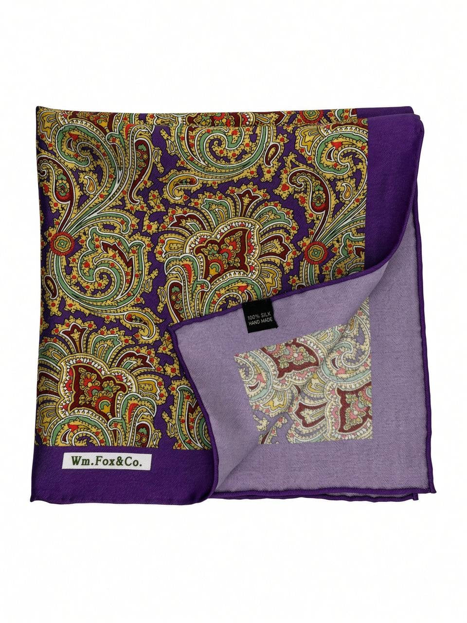 Olive & Gold Paisley with Purple Border Pocket Square — folded detail