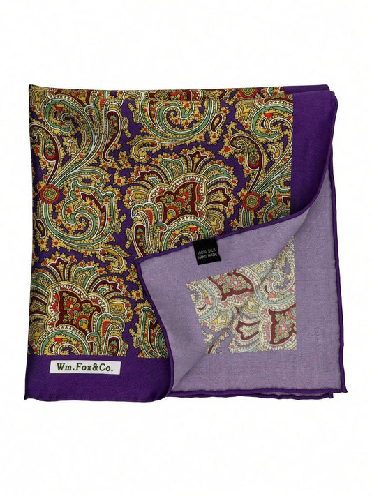 Olive & Gold Paisley with Purple Border Pocket Square — folded detail