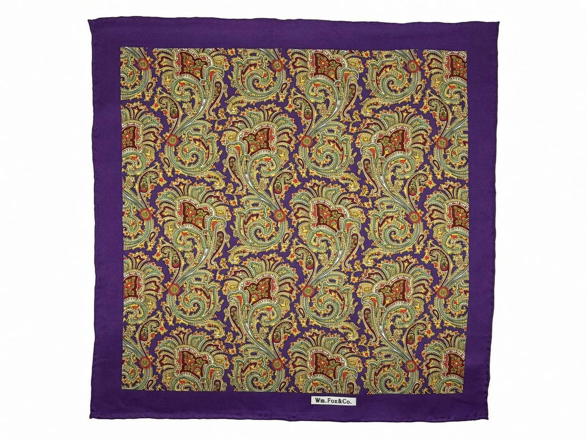 Olive & Gold Paisley with Purple Border Pocket Square — full pattern