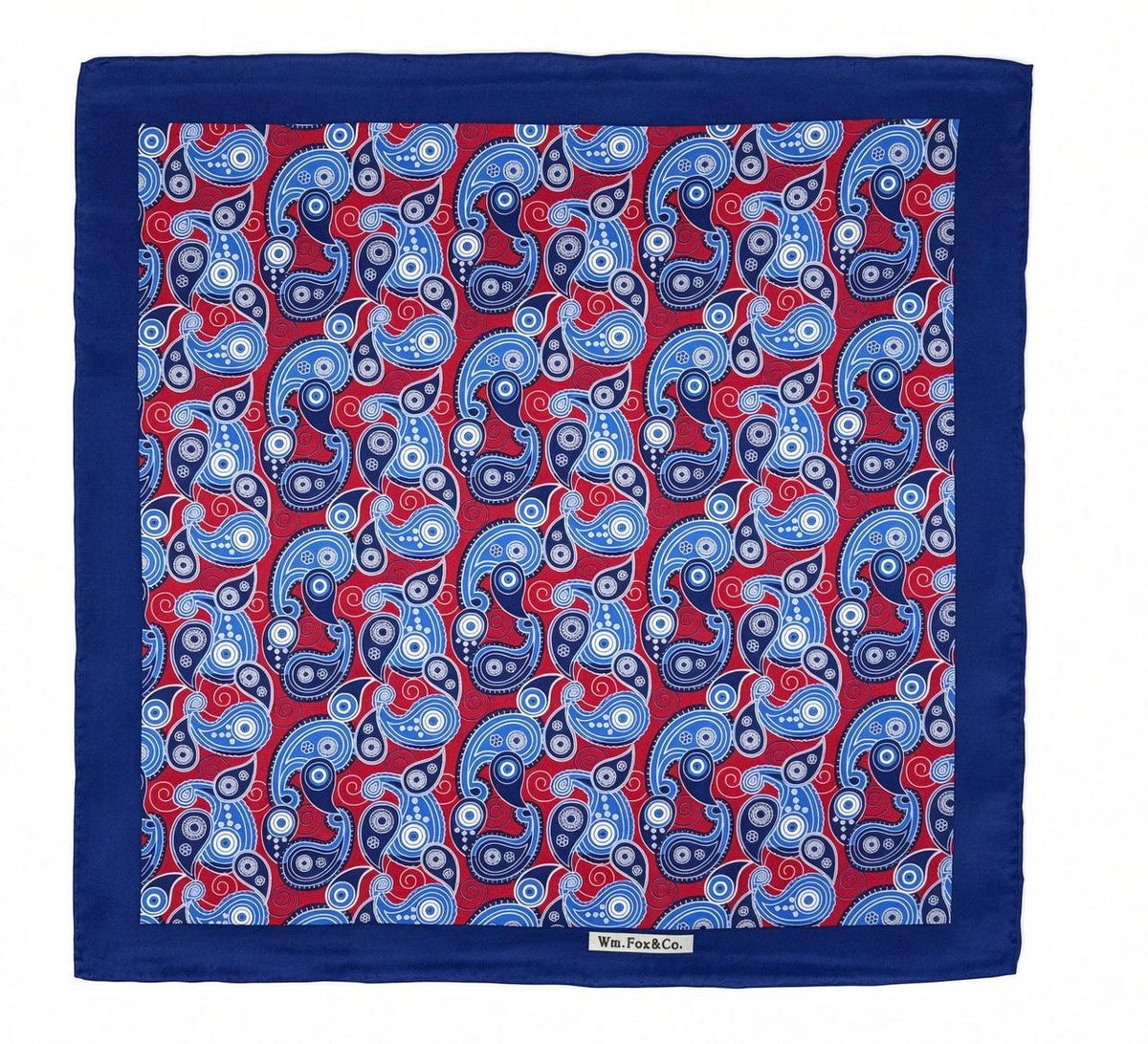 Blue & Crimson Spiral Paisley Pocket Square — full pattern