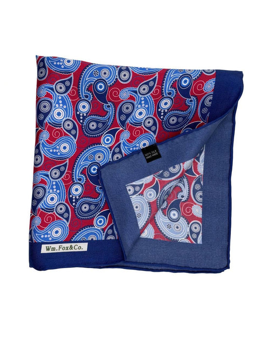Blue & Crimson Spiral Paisley Pocket Square — folded detail