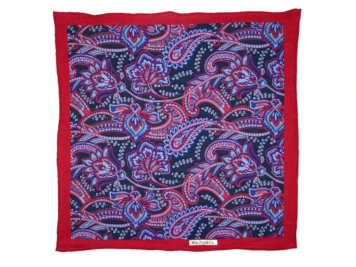 Crimson Border Navy & Pink Paisley Pocket Square — full pattern