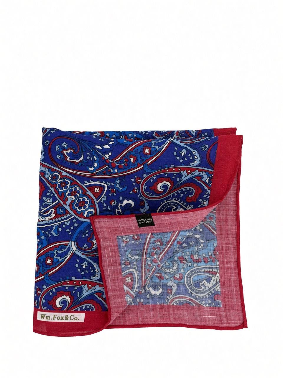 Red Border Cobalt Scroll Paisley Pocket Square — folded detail
