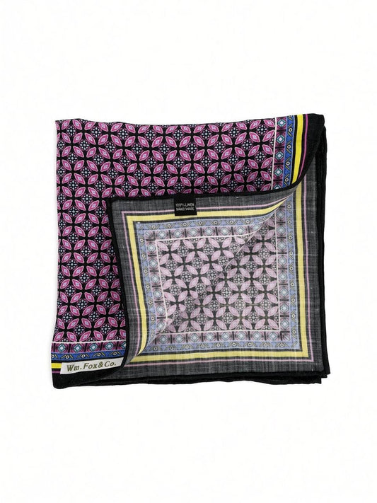 Black Border Pink Geometric Medallion Pocket Square — folded detail