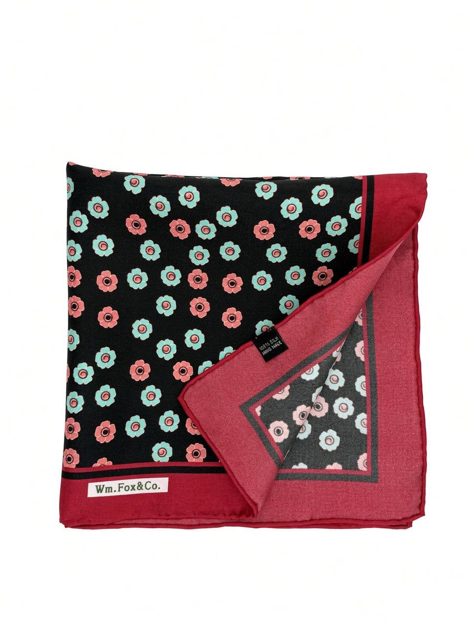 Red Border Black Floral Rosette Pocket Square — folded detail