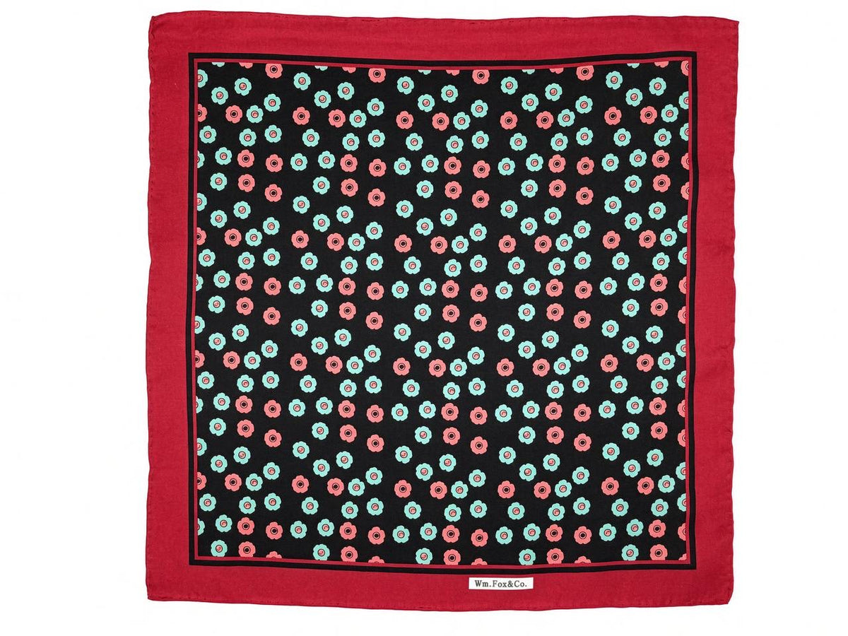Red Border Black Floral Rosette Pocket Square — full pattern