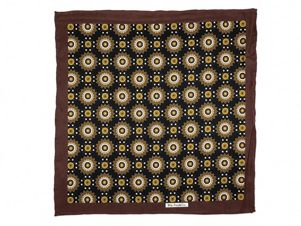 Chocolate Border Gold Sunburst Pocket Square — full pattern
