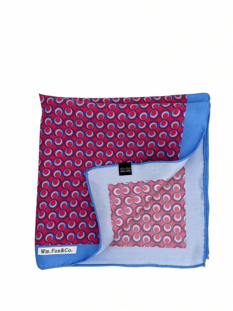 Sky Blue Border Red Scroll Pocket Square — folded detail