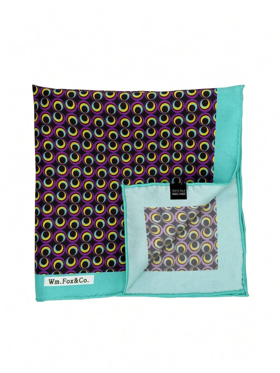 Aqua Border Multicolor Rings Pocket Square — folded detail