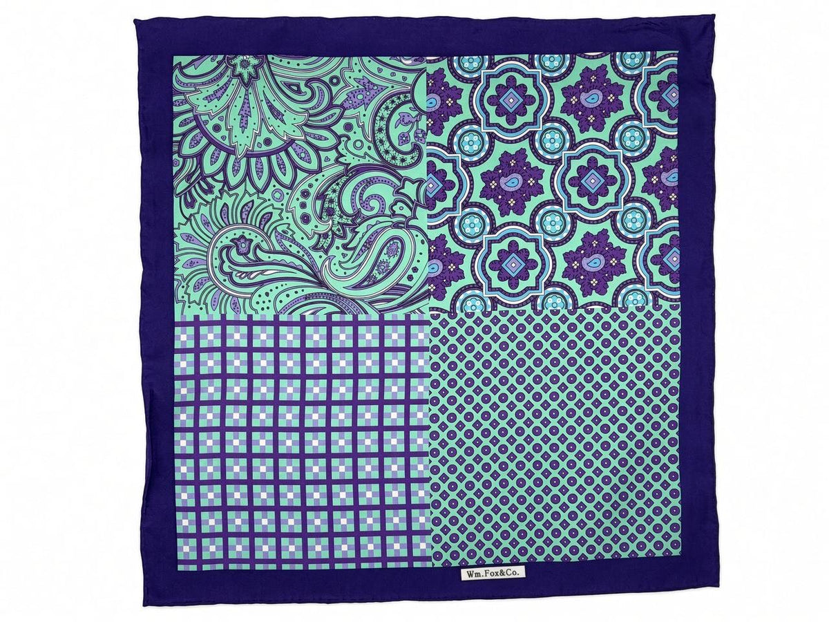Mint & Navy Four-Pattern Pocket Square — full pattern