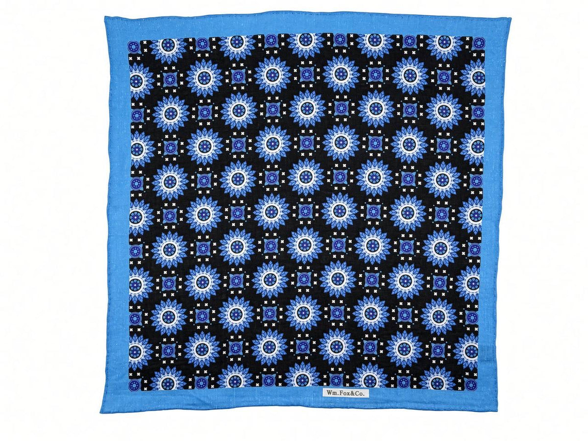 Sky Blue Border Sunburst Medallion Pocket Square — full pattern