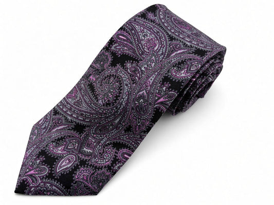 Charcoal and Lavender Paisley Necktie, full view
